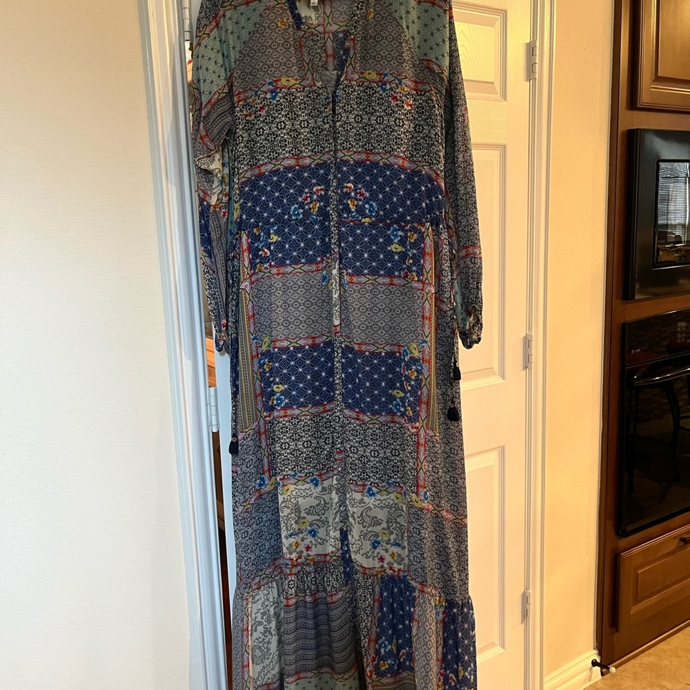 Johnny Was Long Sleeve Patchwork Dress - Blue and Gray